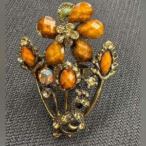 Vintage Art Nouveau Bird Floral Statement Ring Gold Tone Amber Glass
